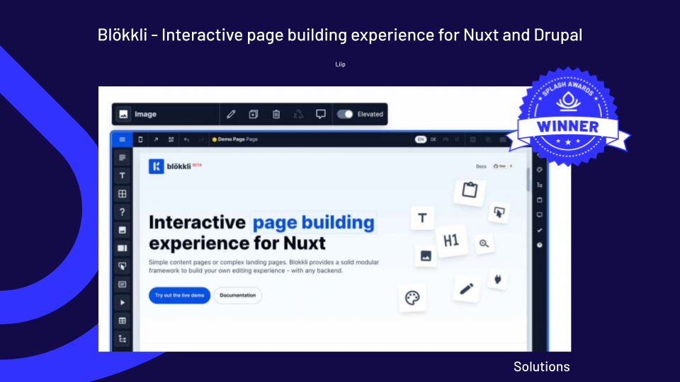 Splash Awards Solutions Winner: Blökkli - Interactive page building experience for Nuxt and Drupal by Liip AG
